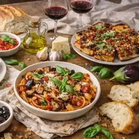 tavola imbandita siciliana con pasta alla norma e arancini cucina casalinga