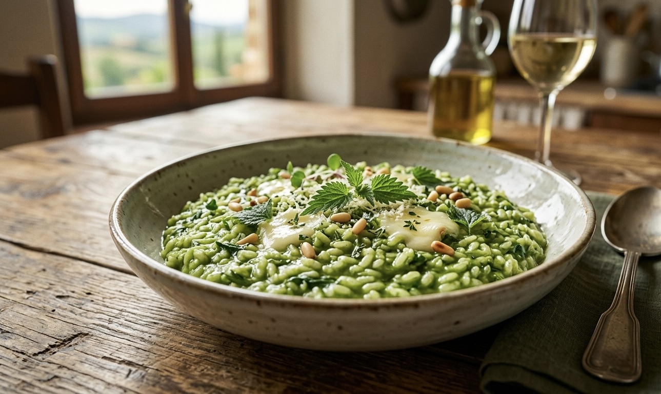 Primo piano di un cremoso risotto alle ortiche nella cucina italiana, guarnito con foglie fresche e pinoli su un tavolo in legno rustico.