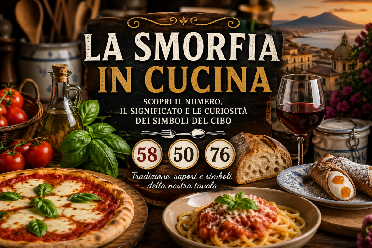 smorfia napoletana del cibo con pane, pasta, vino, dolci e simboli della tradizione popolare italiana e siciliana