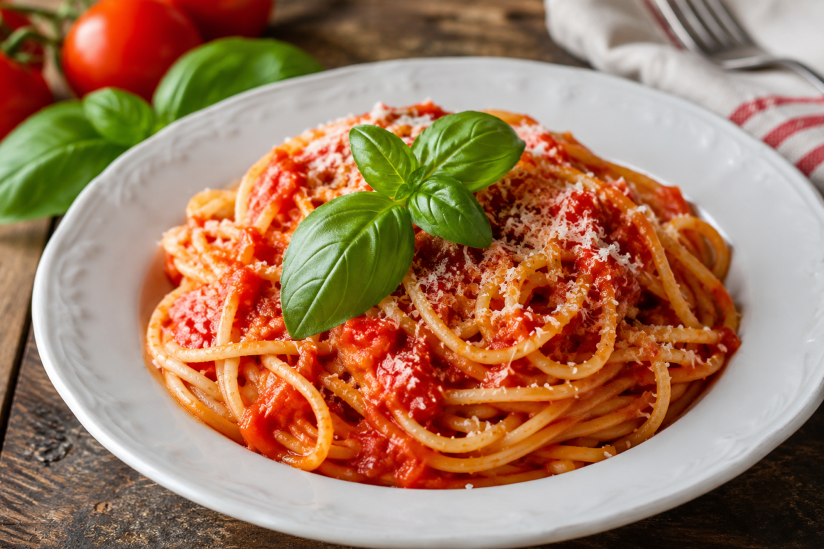 Basilico fresco aggiunto a crudo sulla pasta al pomodoro appena impiattata