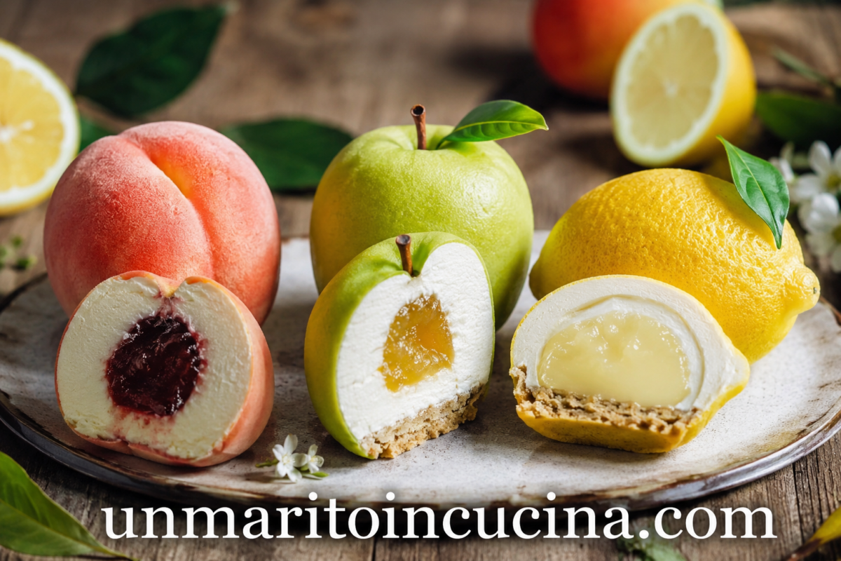 Frutta realistica di pasticceria con dolci a forma di pesca, mela e limone tagliati a metà, con mousse e cuore cremoso, su tavolo rustico – UnMaritoInCucina.com