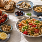 Tavola con pasta integrale, pomodori, verdure, pesce, ceci, olive e frutta secca, alimenti tipici della dieta mediterranea.