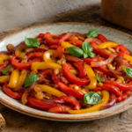 Peperoni in agrodolce alla siciliana con cipolla, basilico, pinoli e uvetta